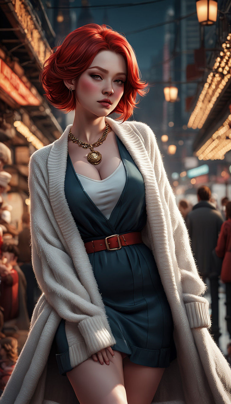 Busty Redhead Model Stuns on Runway with Snowman Necklace