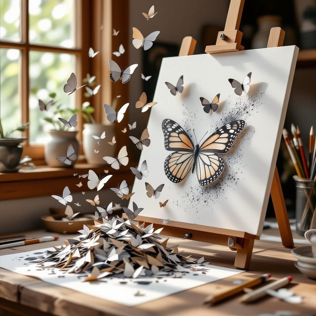 Butterflies Emerge From Pencil Shavings in Sunlit Studio