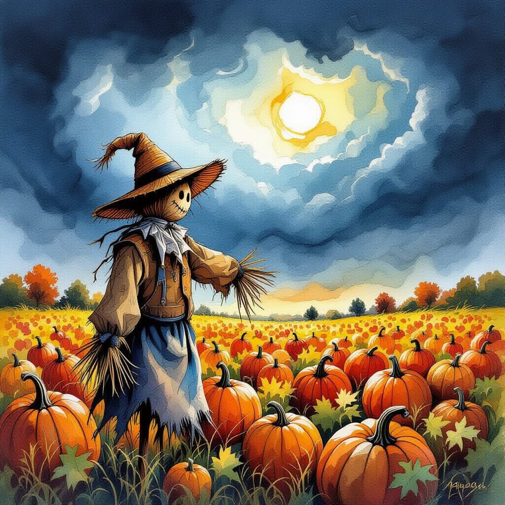 Lone Scarecrow in Stormy Pumpkin Patch Alcohol Ink Art