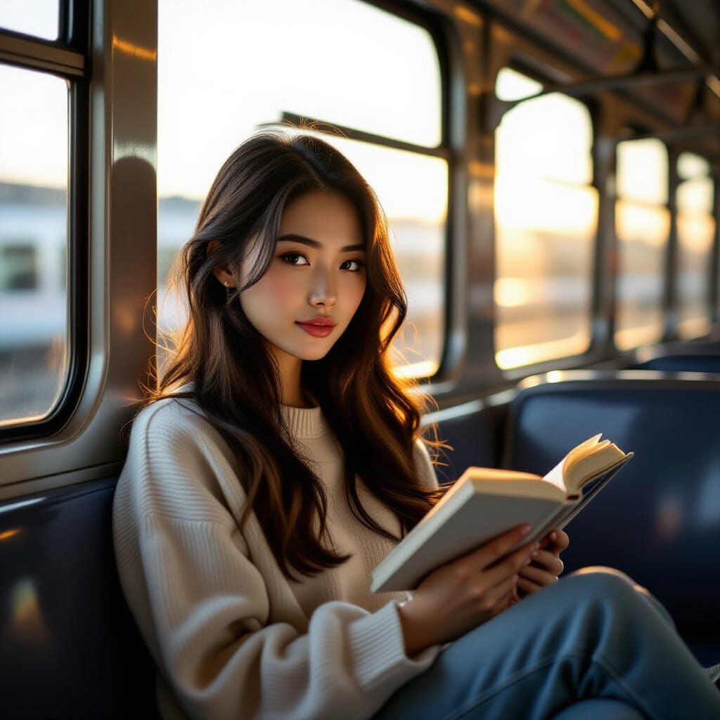 Young Asian Woman Reads Book on Train at Golden Hour