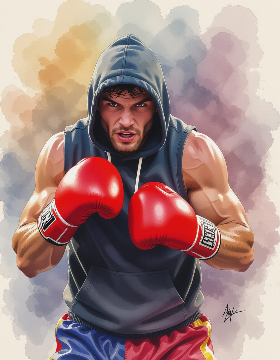 Dynamic Boxer Punch in Digital Watercolor Illustration