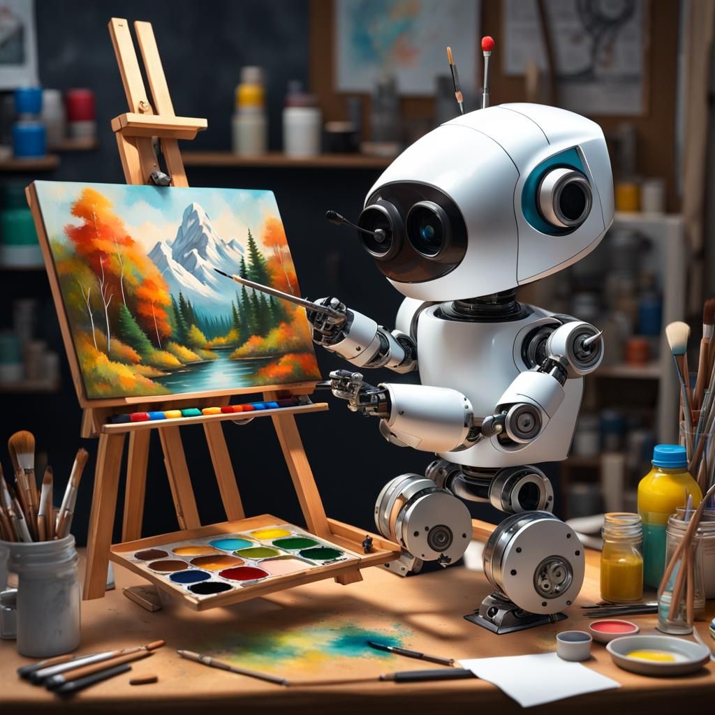 Robot Artist Painting a Landscape in Oil