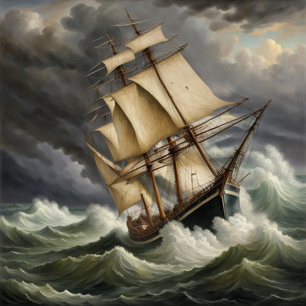 Sailing Ship Navigating Stormy Seas