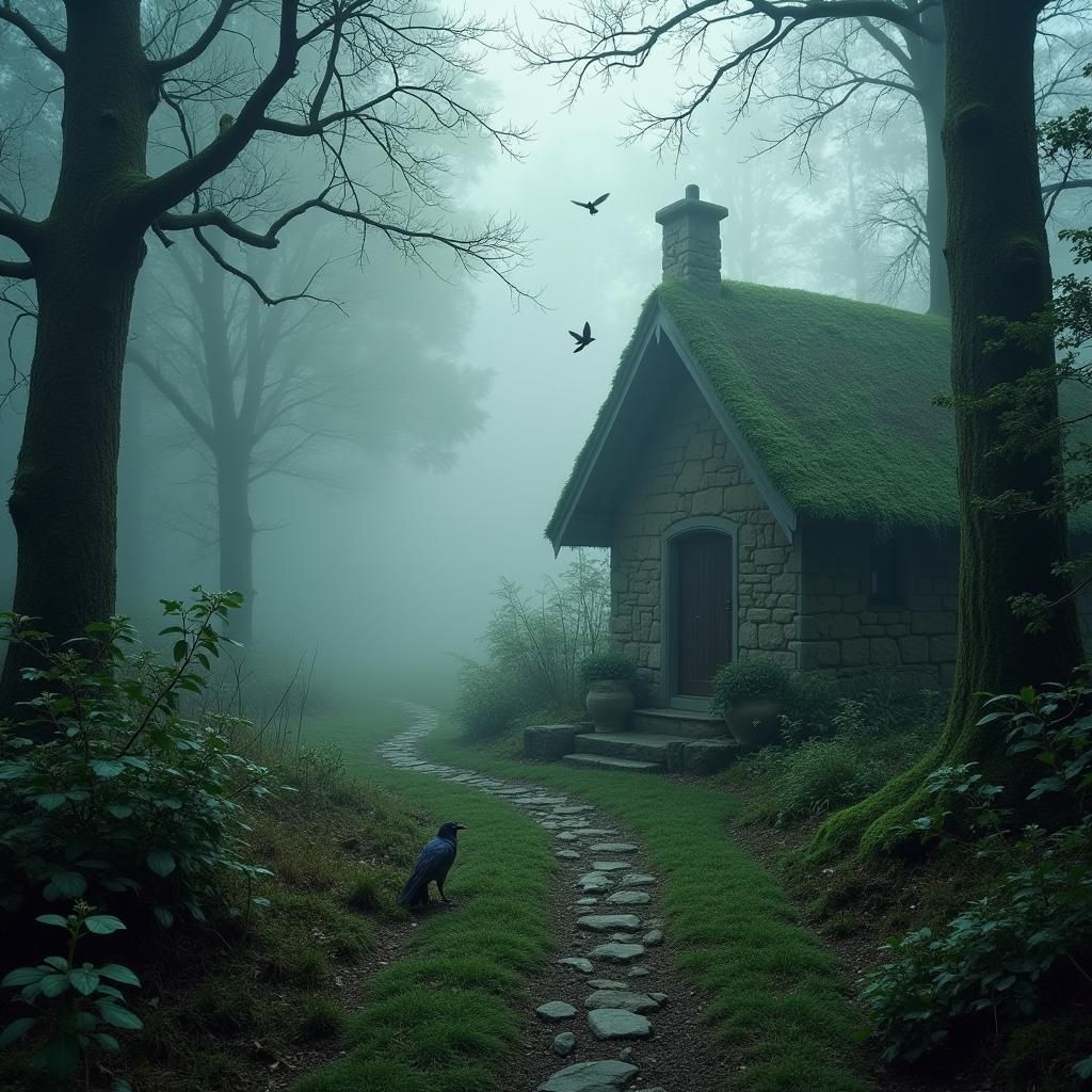 Stone Cottage in Misty Old-Growth Forest