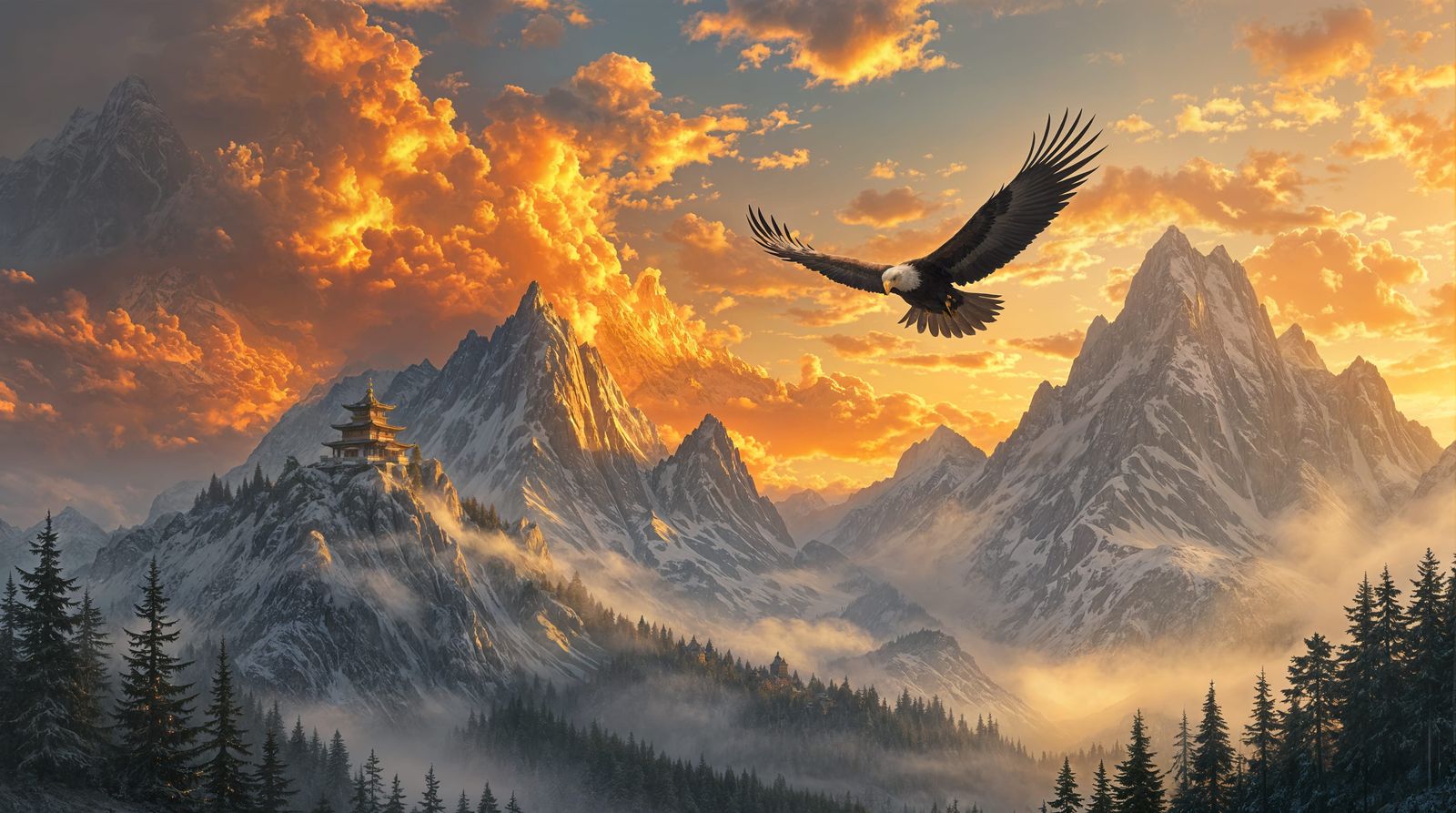 Majestic Eagle Soars Over Fiery Sunset Mountains