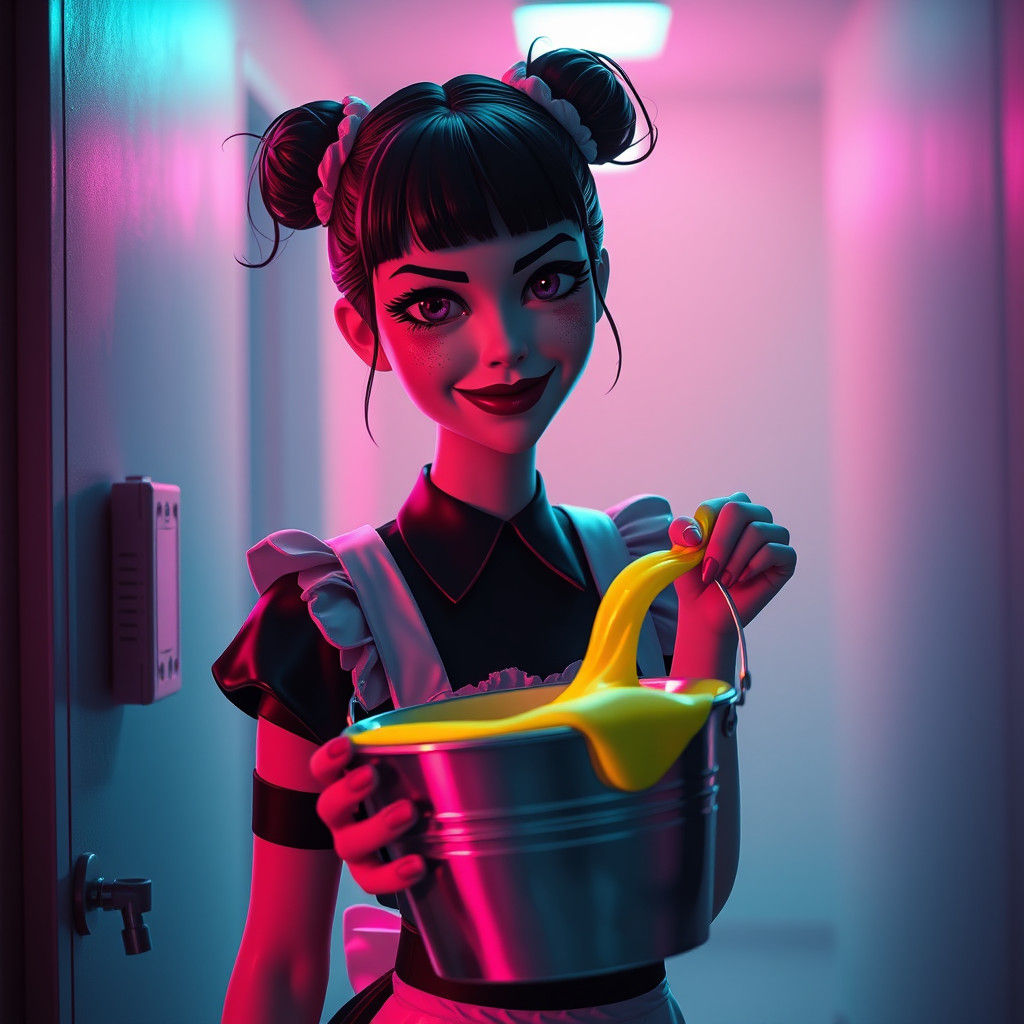 Cyberpunk Maid Emerges from Shadows in Neon Hotel