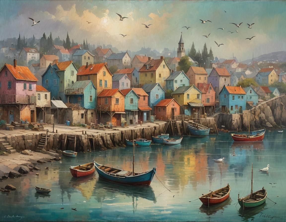 Charming Coastal Village Scene in Post-Impressionist Style