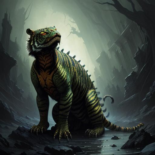 Horrific Tiger Lizard Wasp Fusion in Doré Style