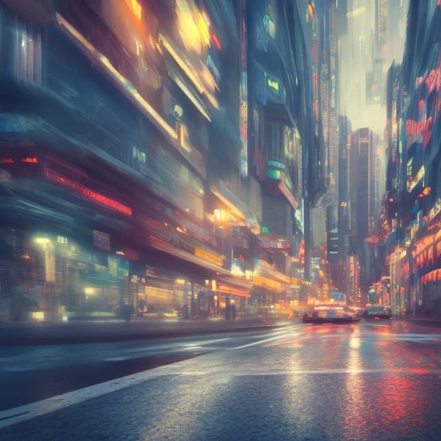 Photorealistic Rainy Neon City Street at Night