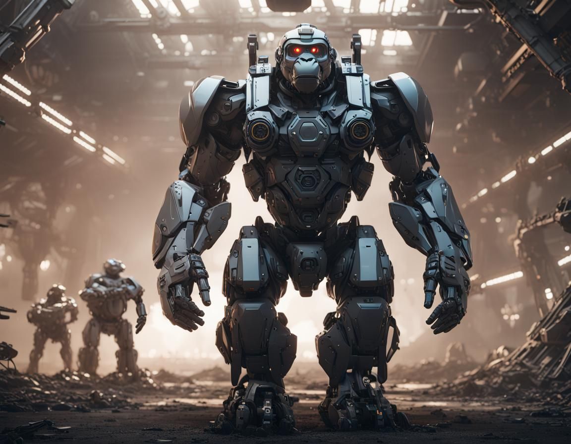 Futuristic Robot Gorilla Surrounded by Military
