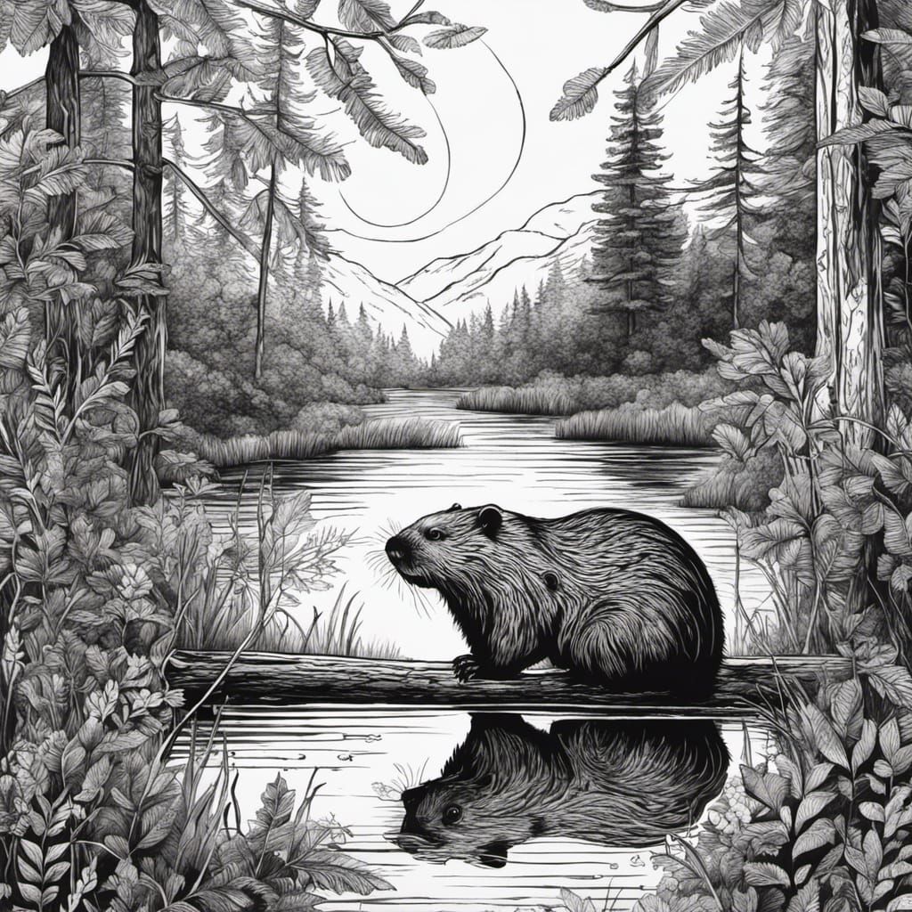 Beaver in Nature: Black and White Ink Sketch