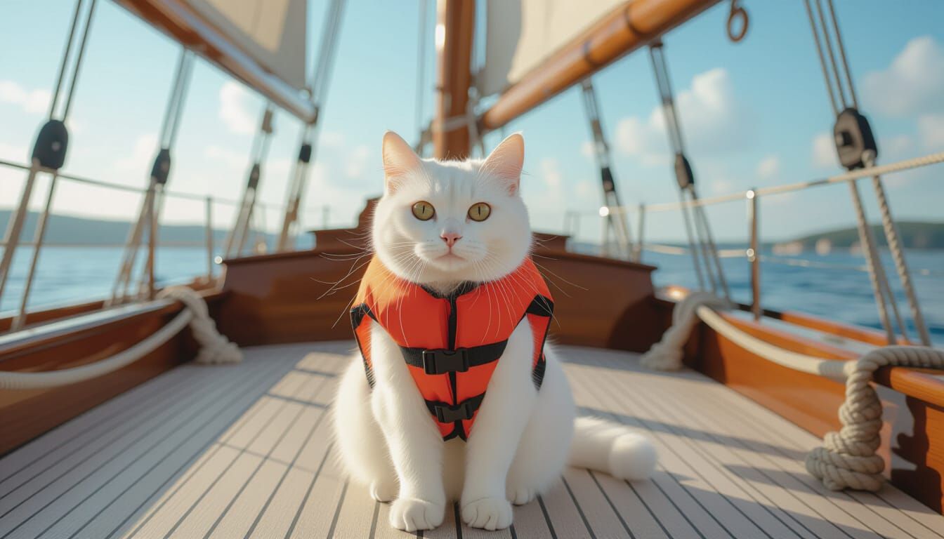 White Cat on Luxurious Sailboat in 4K
