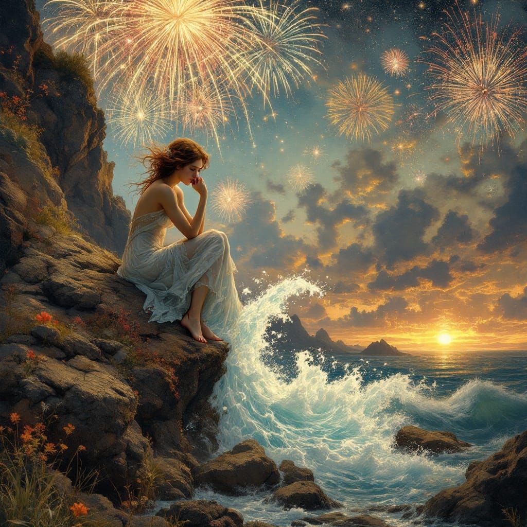 Jugendstil Woman Seated by the Sea with Neptune Emerging