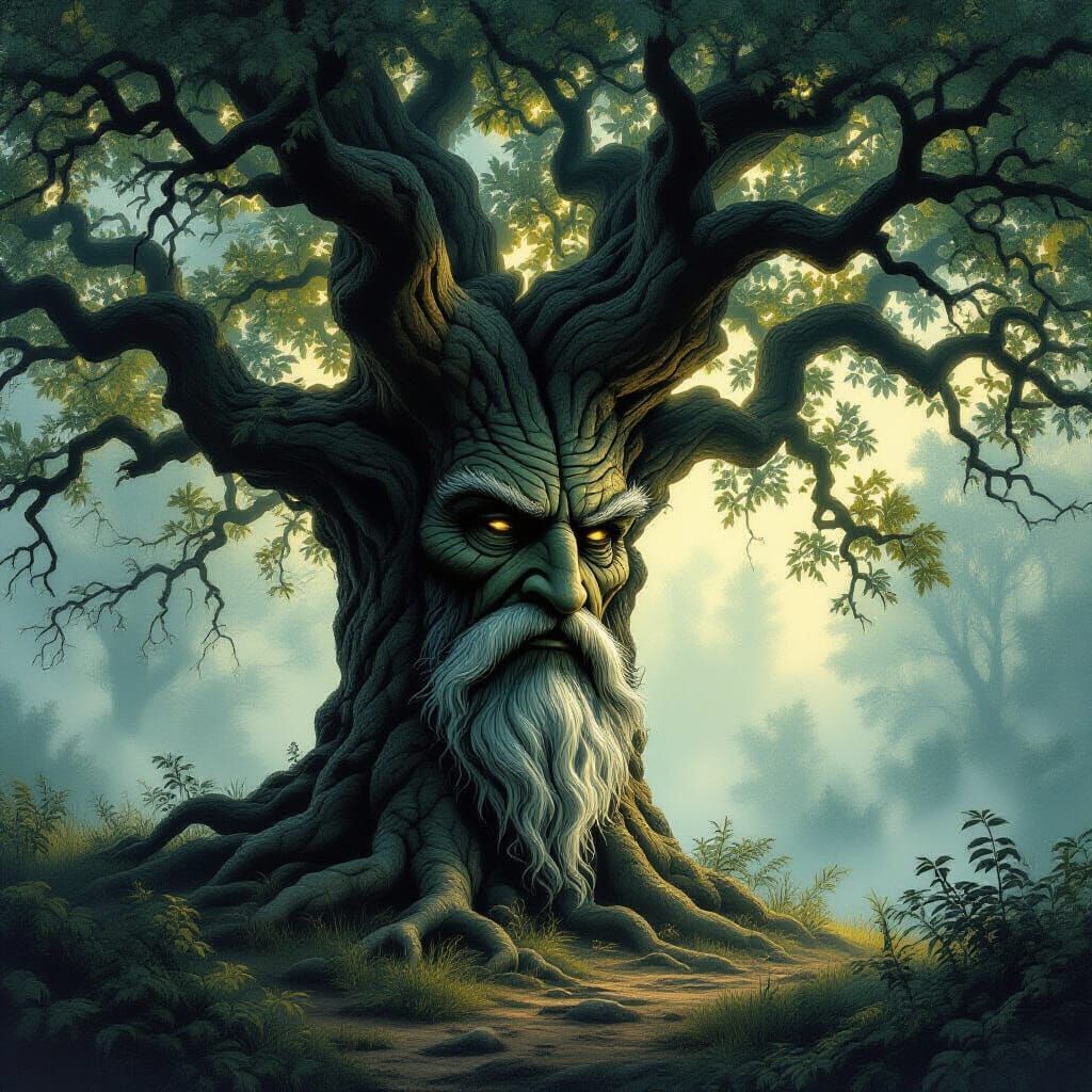 Ancient Oak Tree Face in Misty Forest