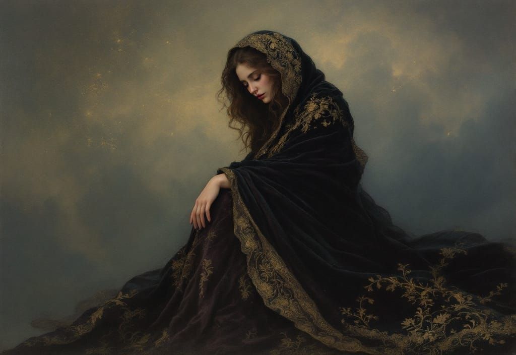 Woman in Velvet Cloak: A Pre-Raphaelite Vision