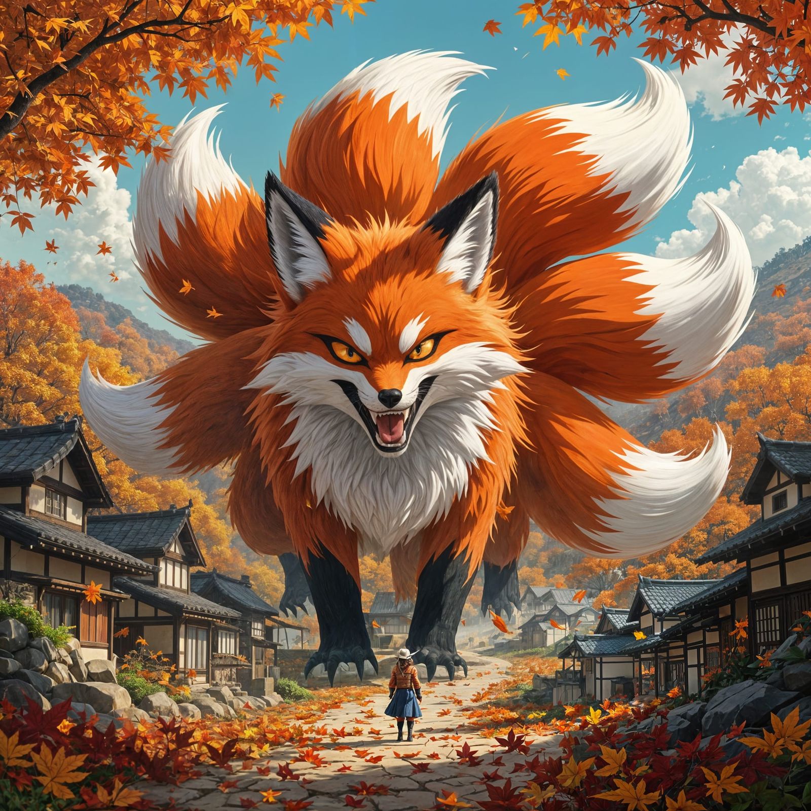 Nine-Tailed Fox Towering Over Hidden Village