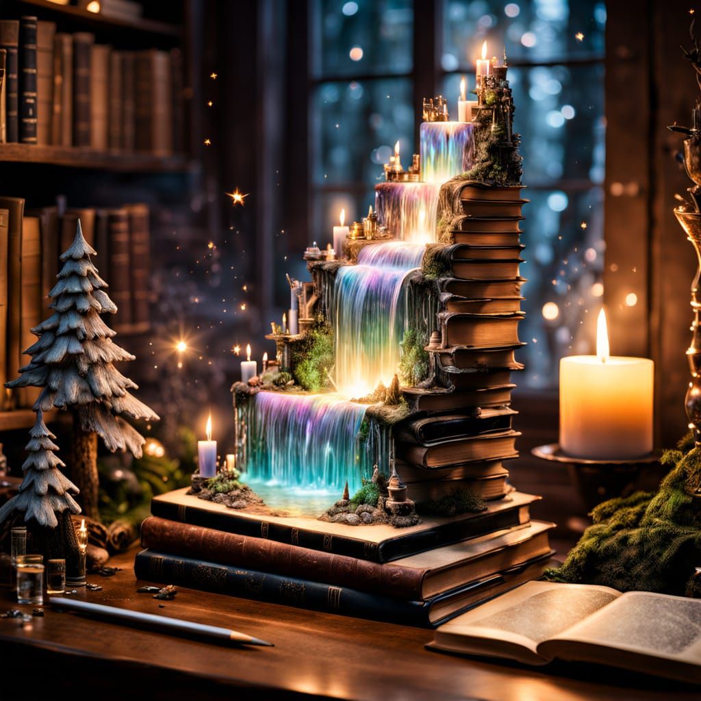 Ethereal Waterfall in Glass Sphere amidst Whimsical Forest