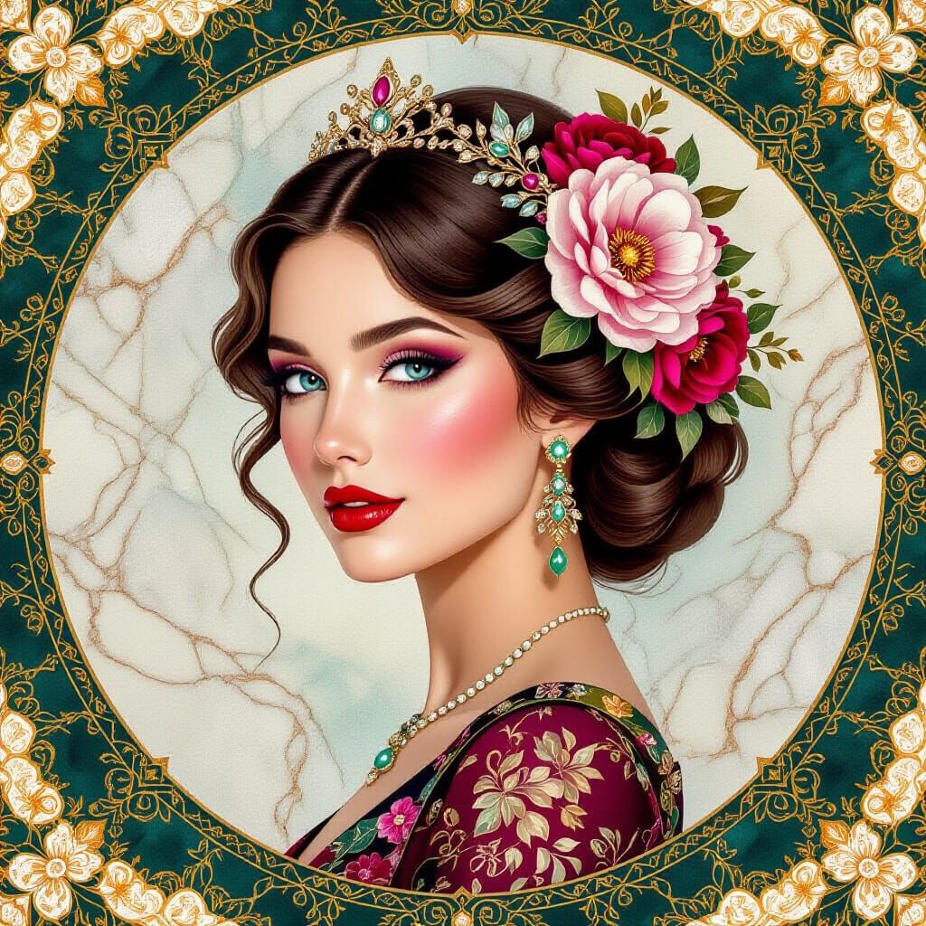 Woman with Floral Tapestry in Art Deco Style