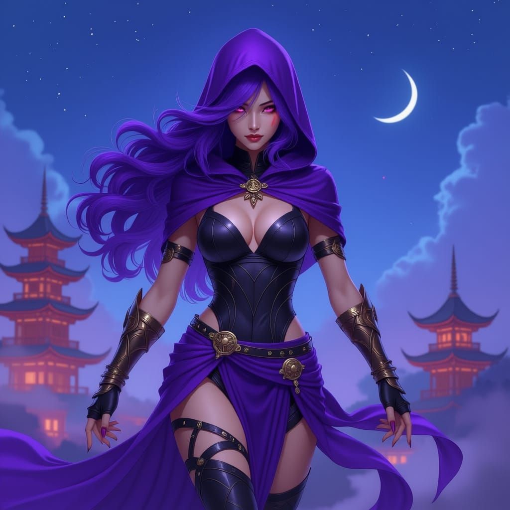 Asian Warrior Princess Soars Above Neon Pagodas