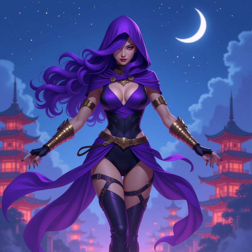 Asian Warrior Princess Soars Over Neon Pagodas