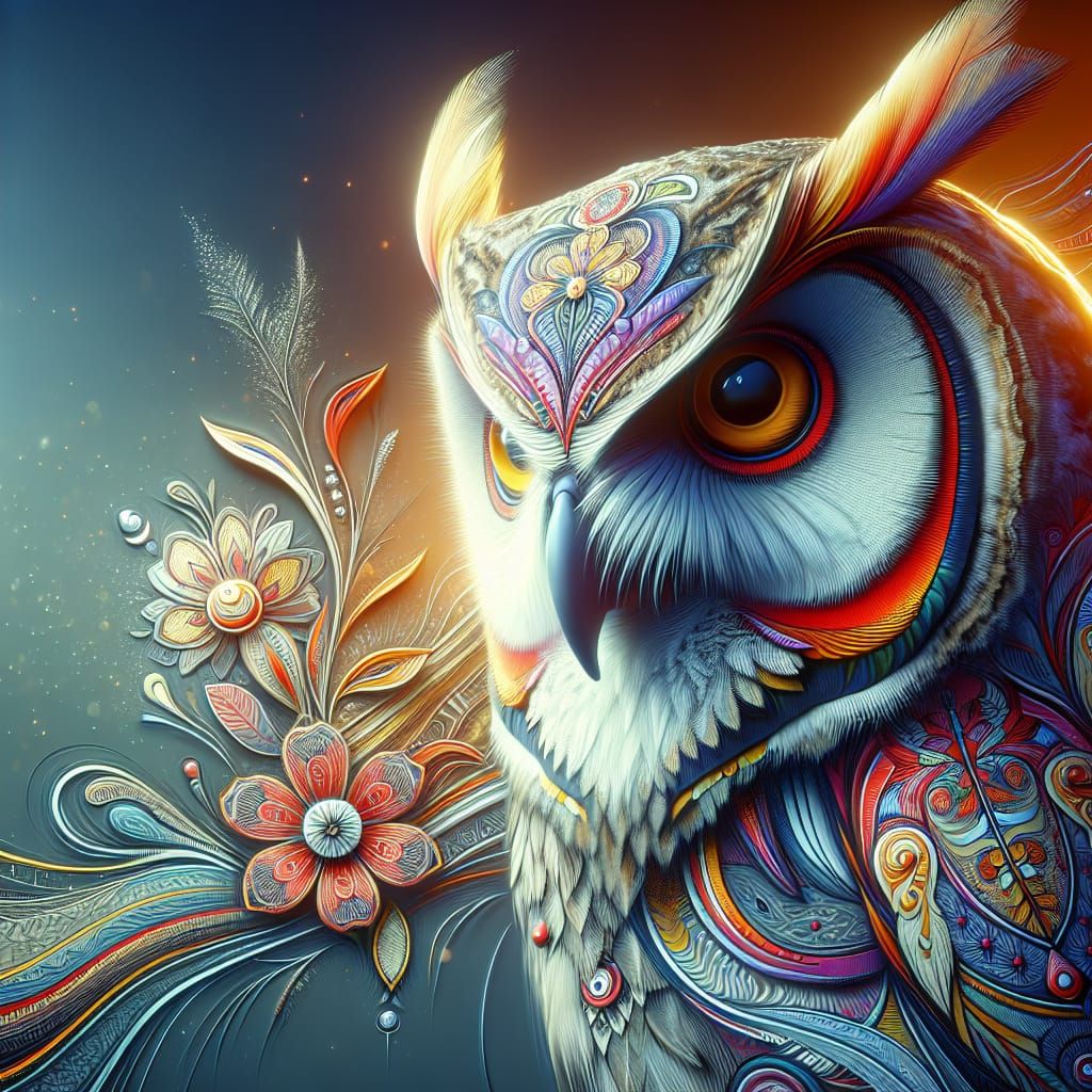Hyperrealistic Owl with Folk Art Patterns