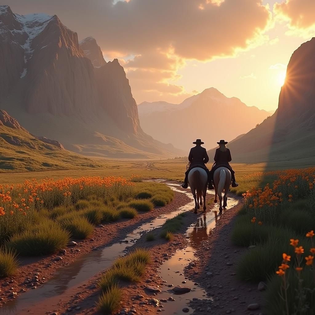 Cowboys Ride Through Lush Valley Landscape