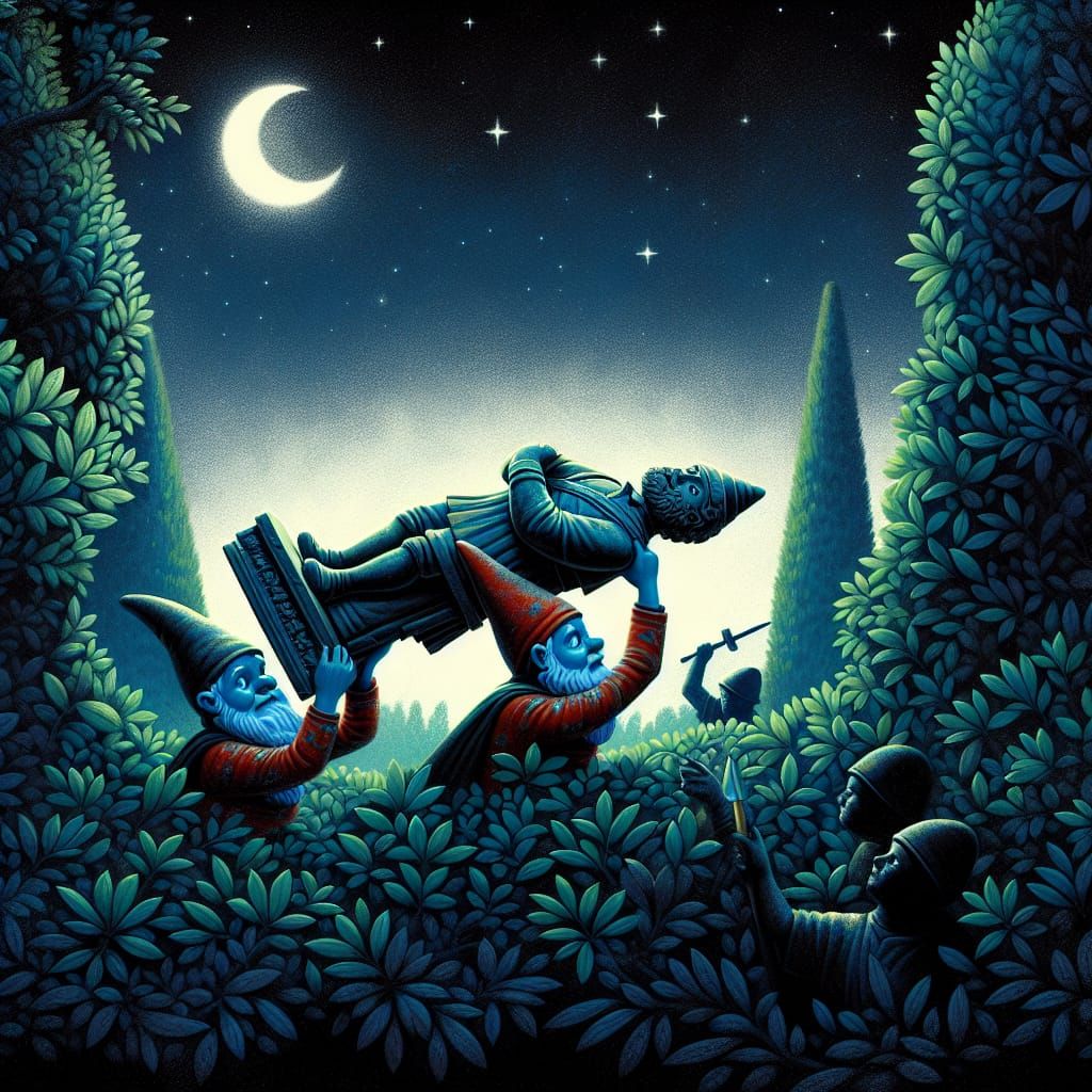 Gnomes Stealing Garden Statue Under Starry Night