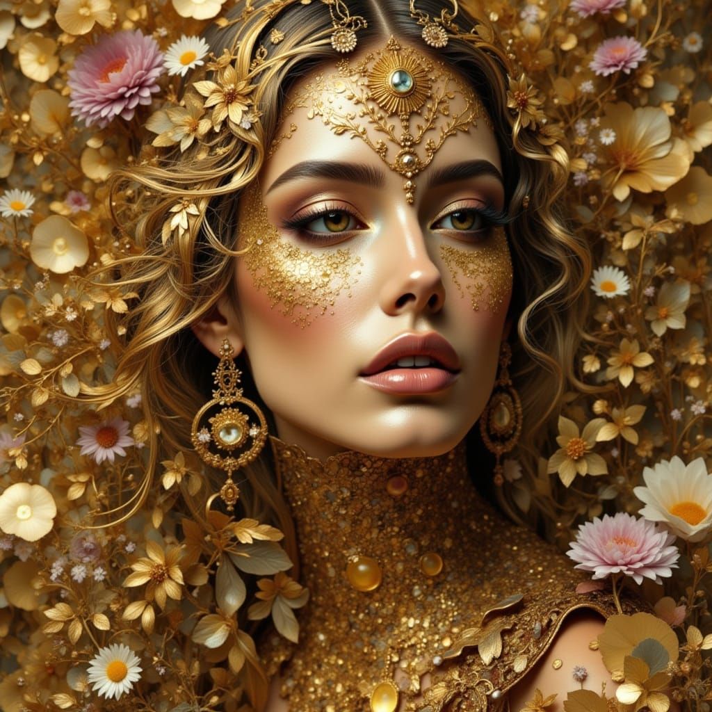 Golden Woman Portrait with Iridescent Jewels