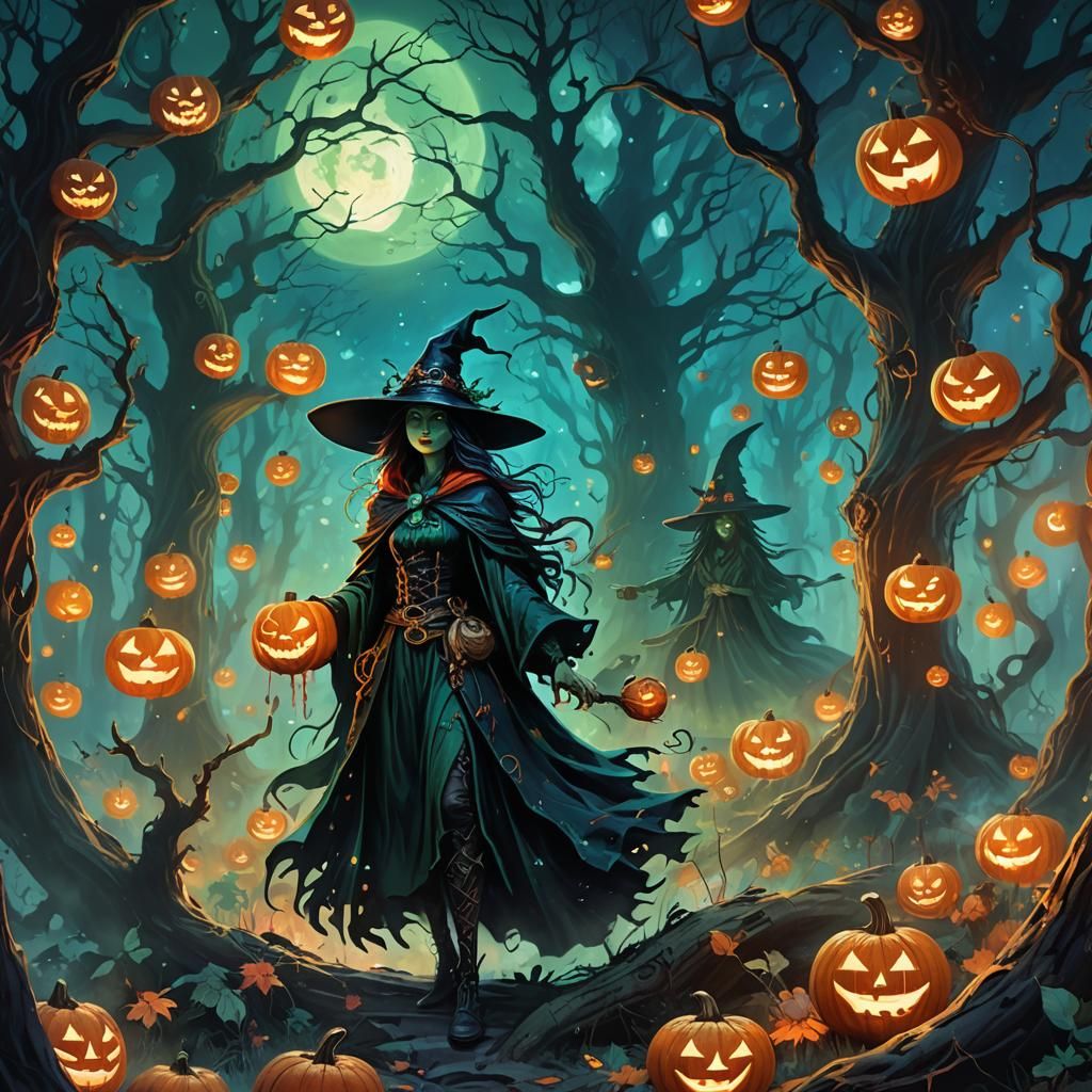 Mystical Witch in Moonlit Forest Concept Art