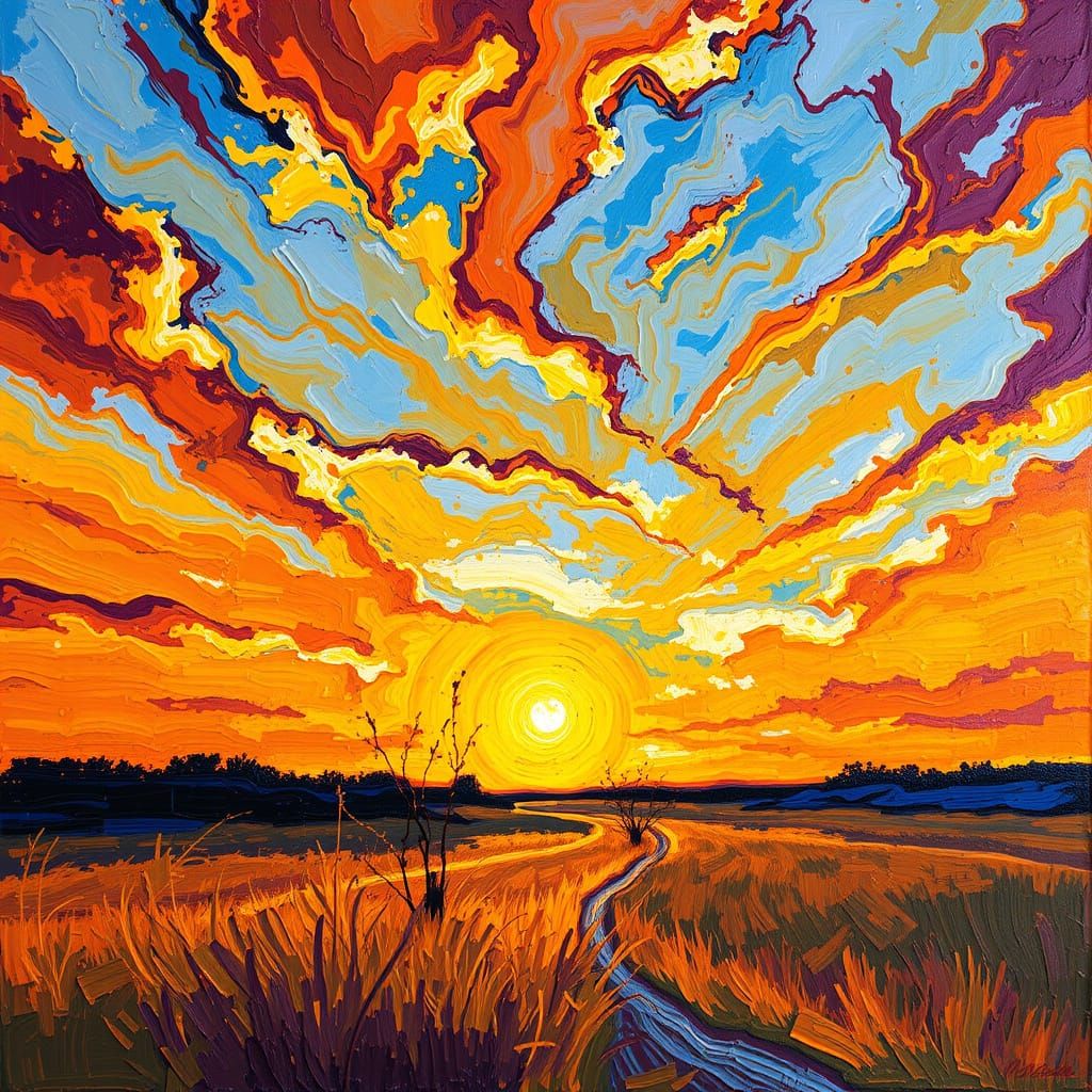 Vibrant Sunset in Expressive Neo-Impressionist Style