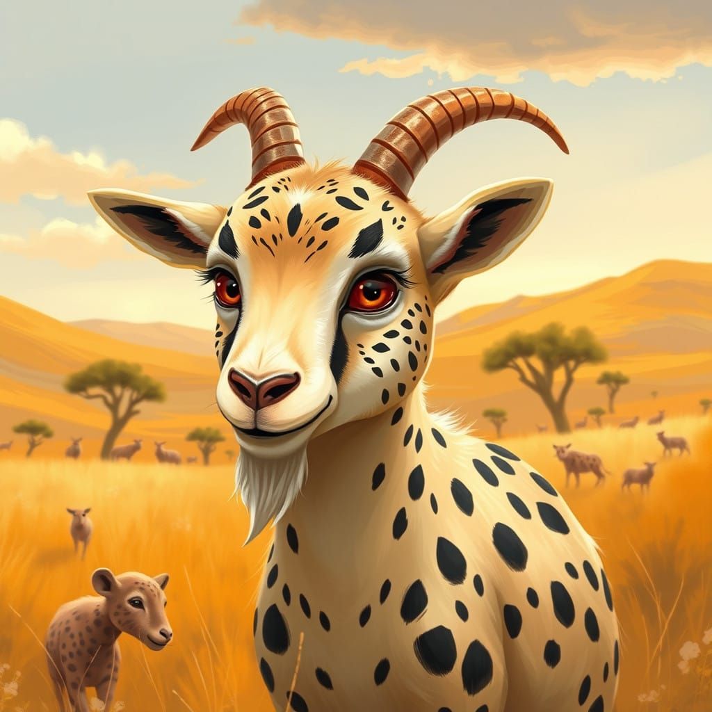 Whimsical Goat with Cheetah Features in Golden Savannah Land...