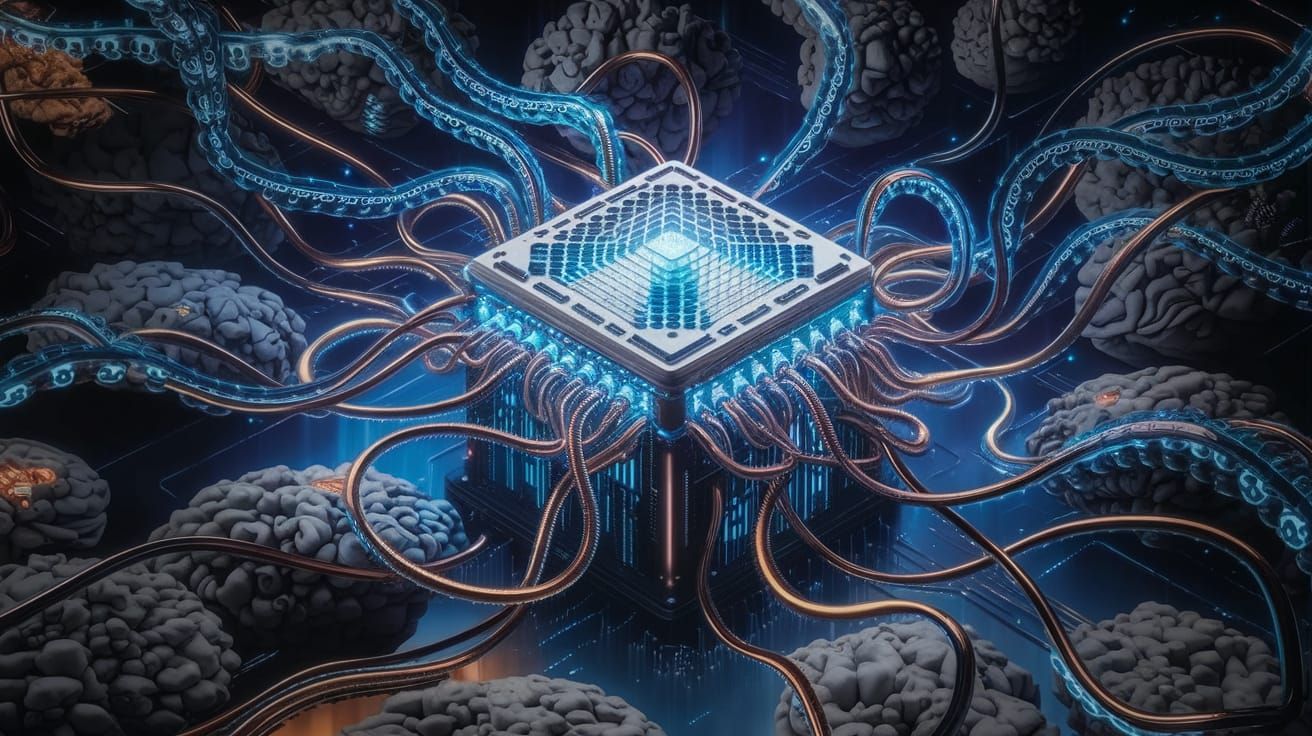 Giant CPU with Electronic Tentacles in Dark Scene