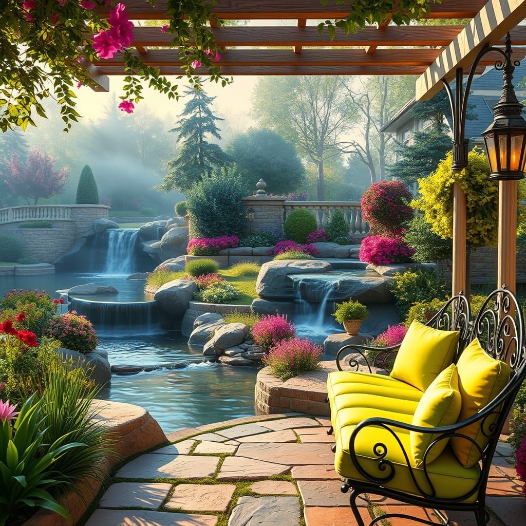 Idyllic Backyard Landscape with River and Waterfall