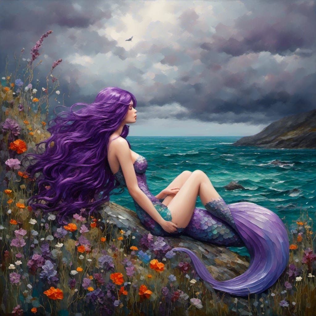Purple-Haired Mermaid in Stormy Meadow