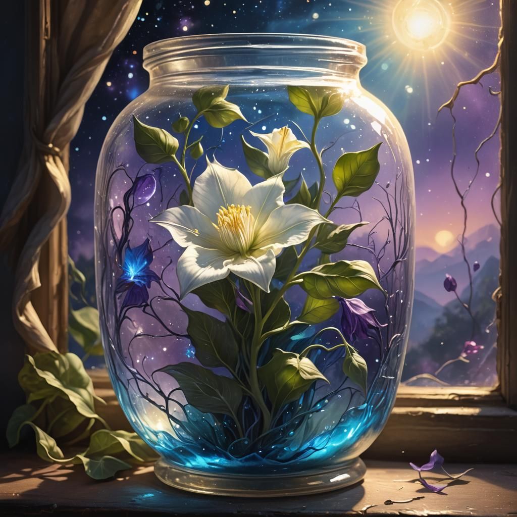 Cosmic Moonflower in Glass Jar: Fantastical Oil Painting