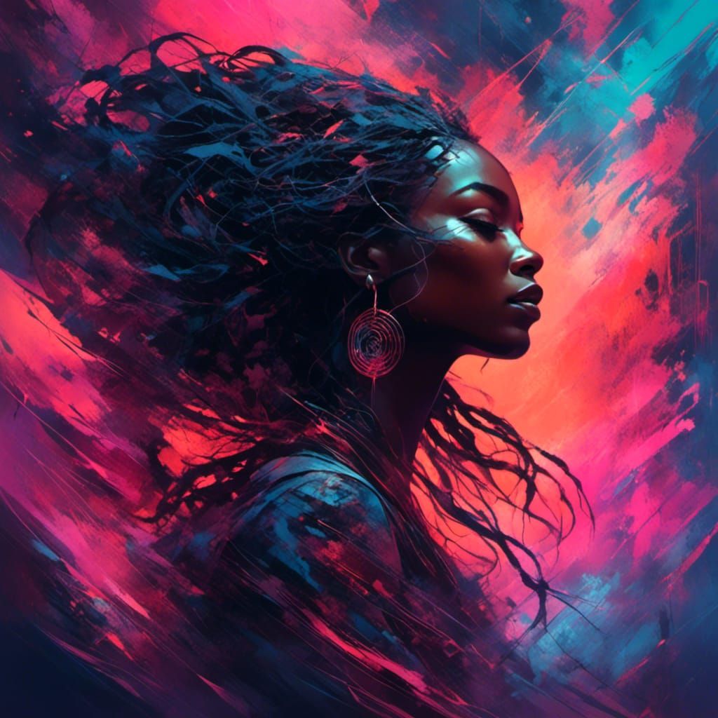 Dreaming Black Goddess in Synthwave Neon Style