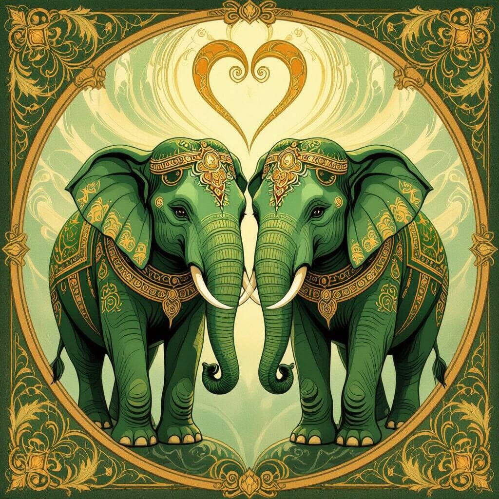 Majestic Green and Gold Elephants Form Heart Shapes