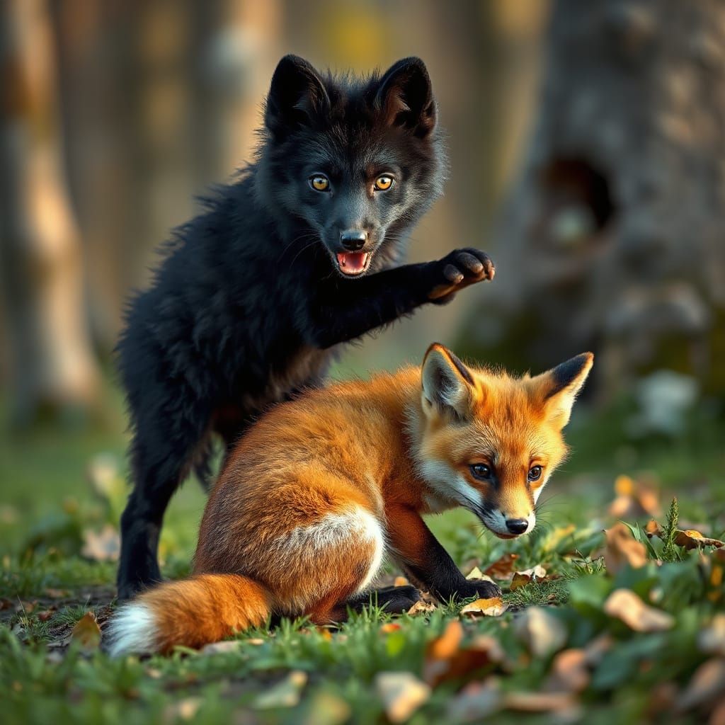 Fox Pups Playing in Natural Forest Setting