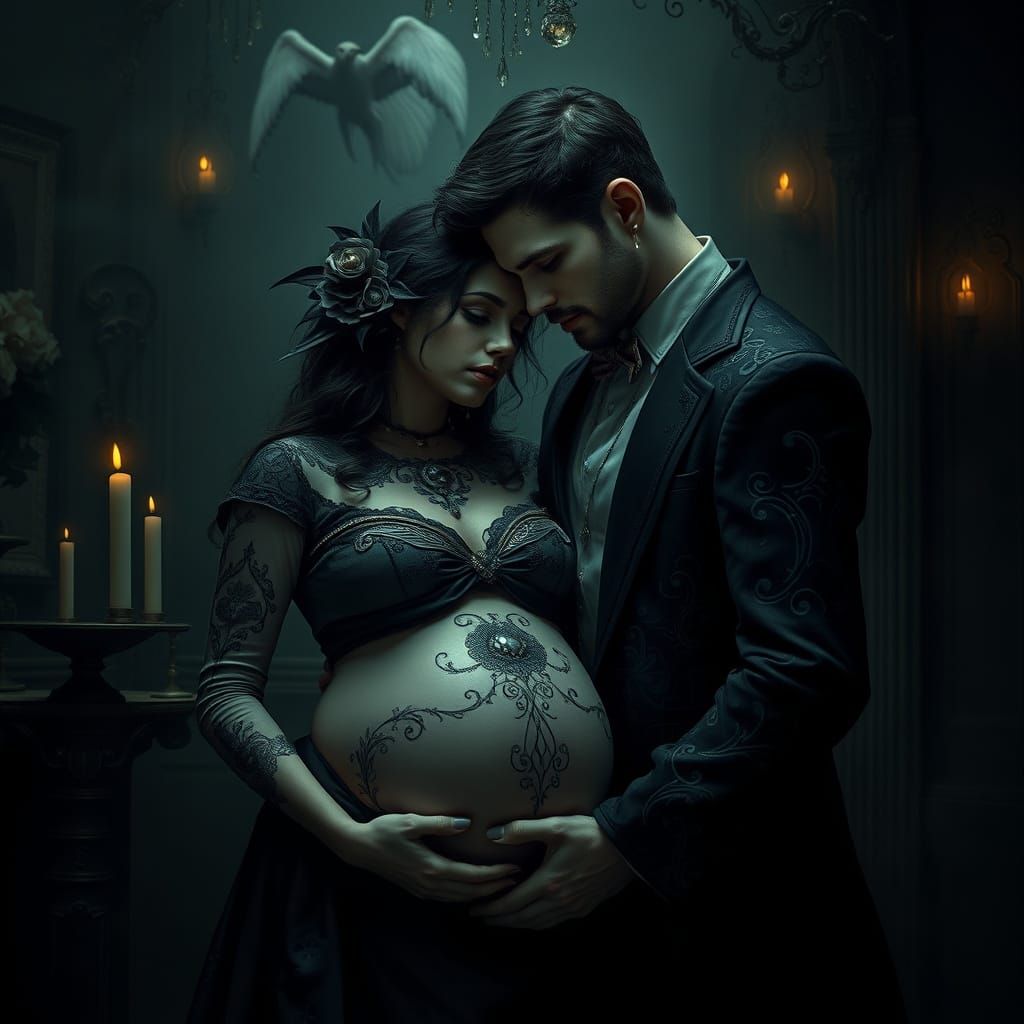 Goth Couple Embracing in Mysterious Victorian-Era Setting