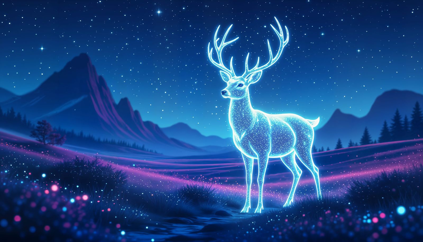 Stardust Deer Guiding Dreamers in Neon Landscape