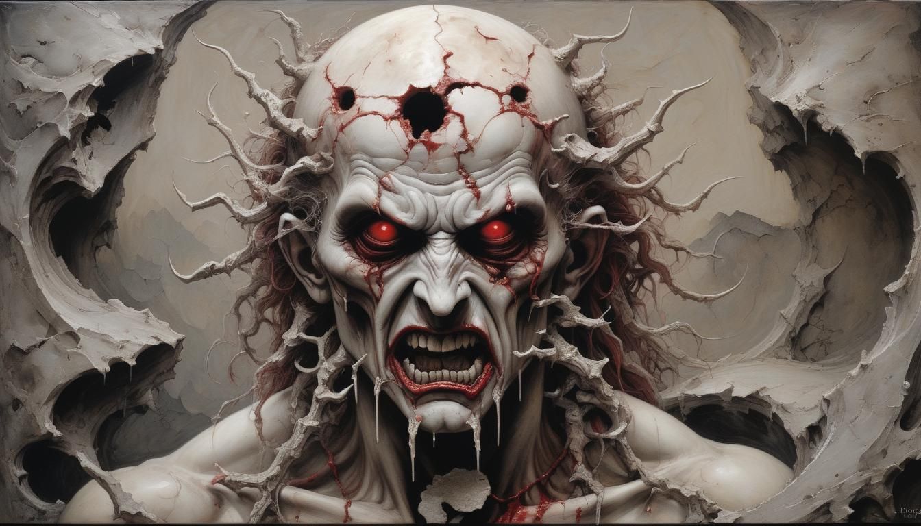 Vulgar Satanic savage,heretic,onyx crimson, hyperrealism; monochromatic evil moonscape art Brut;
 by Jim Lee..