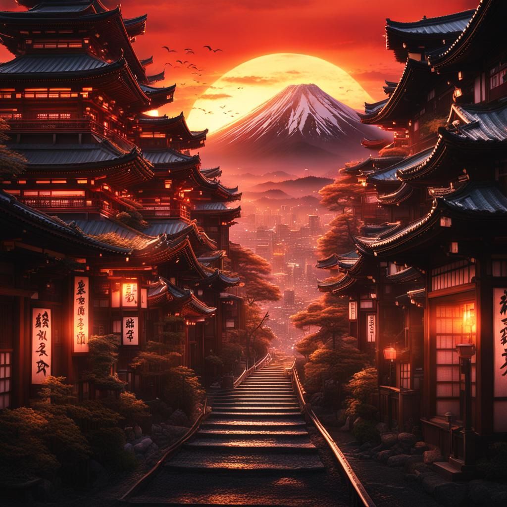 Epic Sunset Over Japan: Digital Matte Painting
