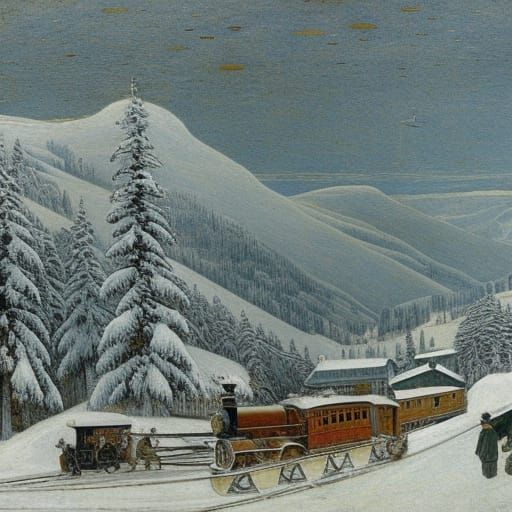 Winter Sledges with Steam Train, in Expressionist Style