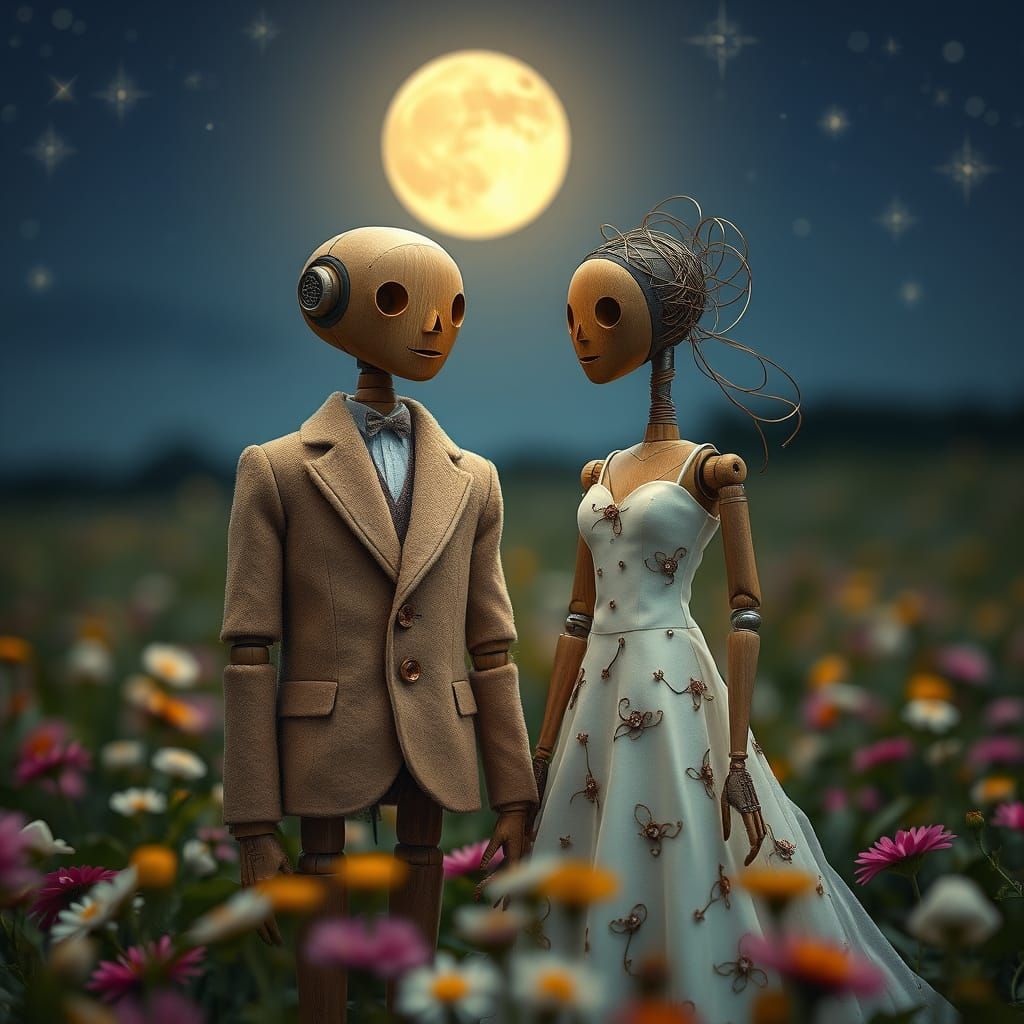 Androids in Whimsical Wedding Attire under Starry Night Sky