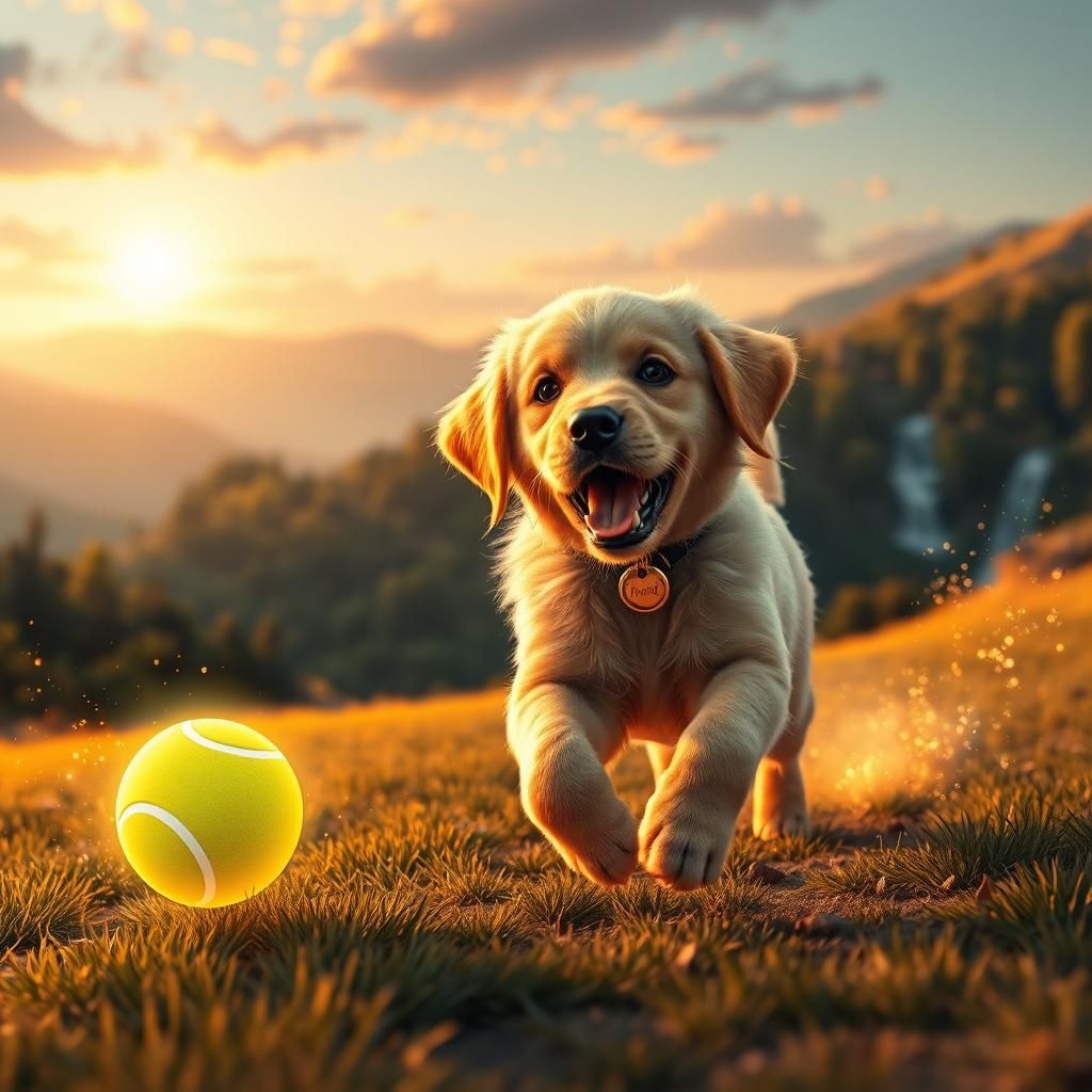 Golden Retriever Puppy's Magical Chase: Fantasy Concept Art