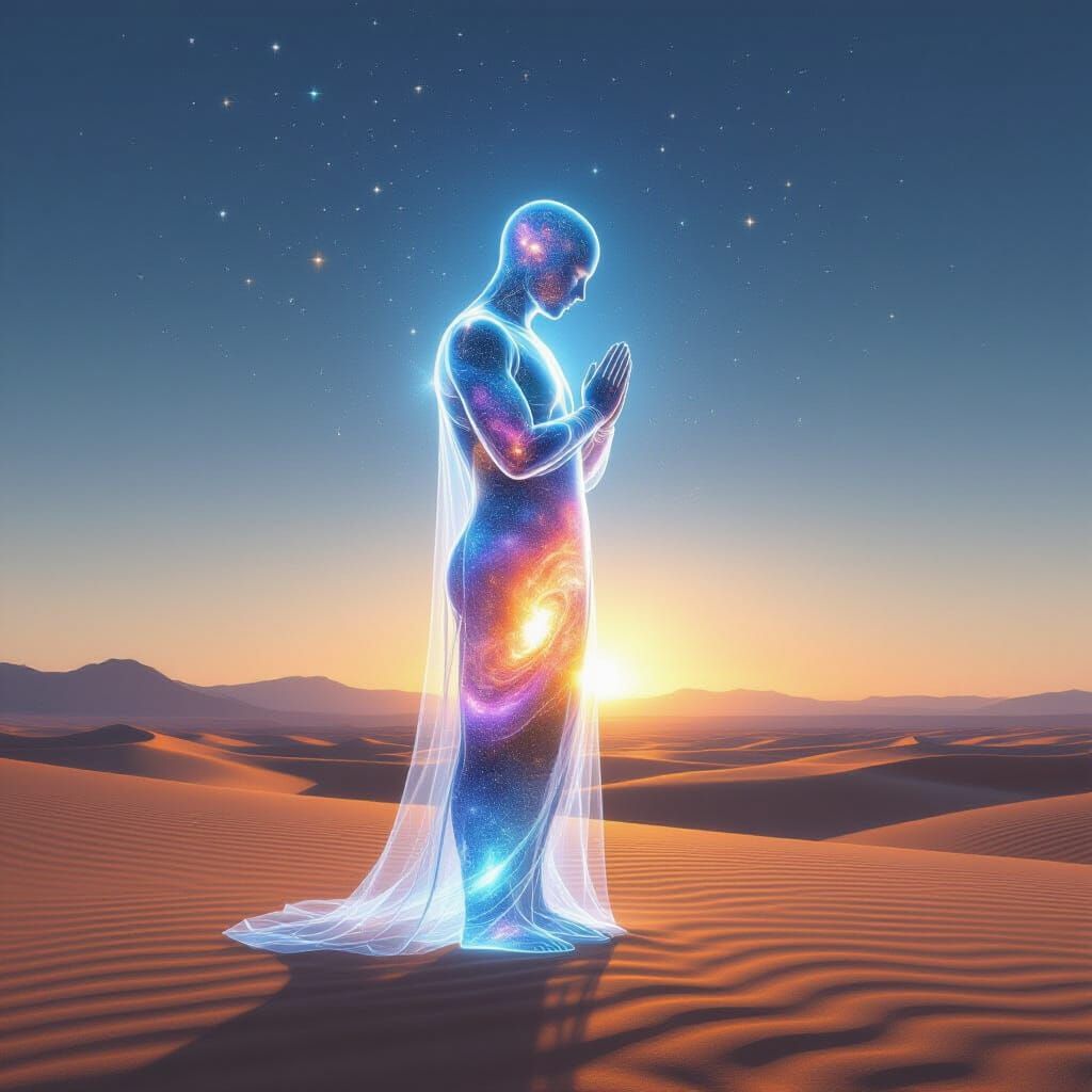 Translucent Figure in Prayer: A Cosmic Soul in Desert Dawn