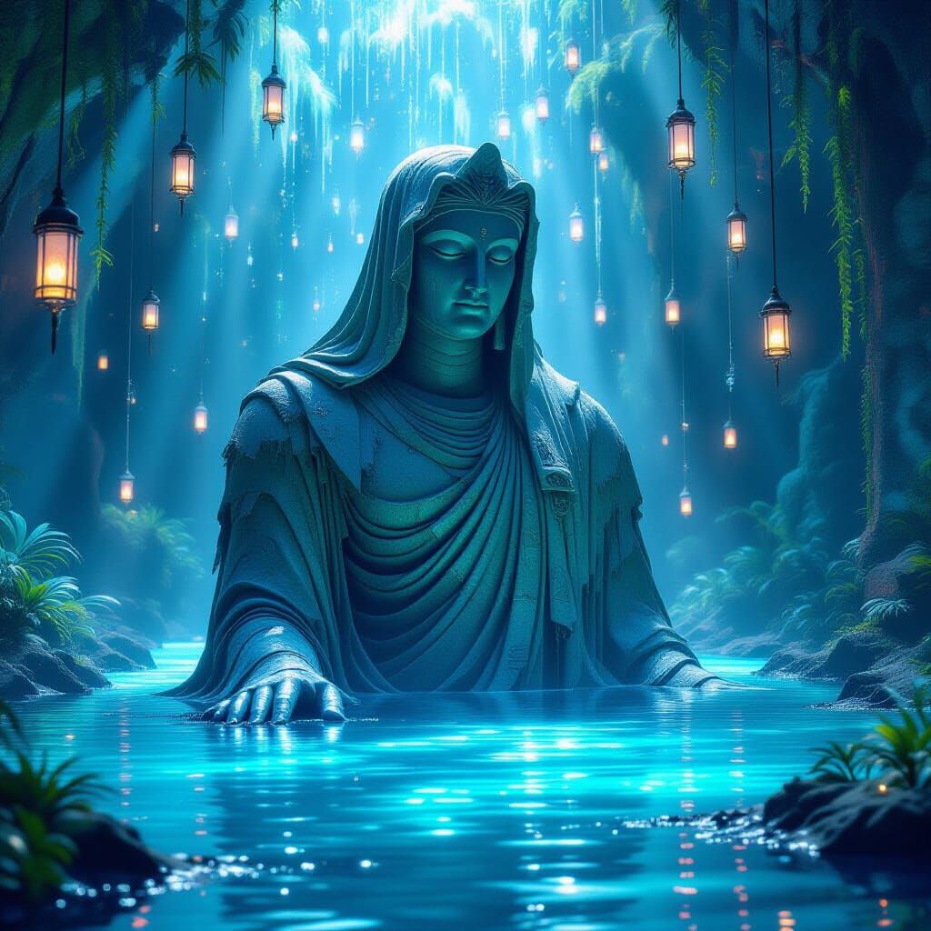 Bioluminescent Lake Statue with Floating Lanterns