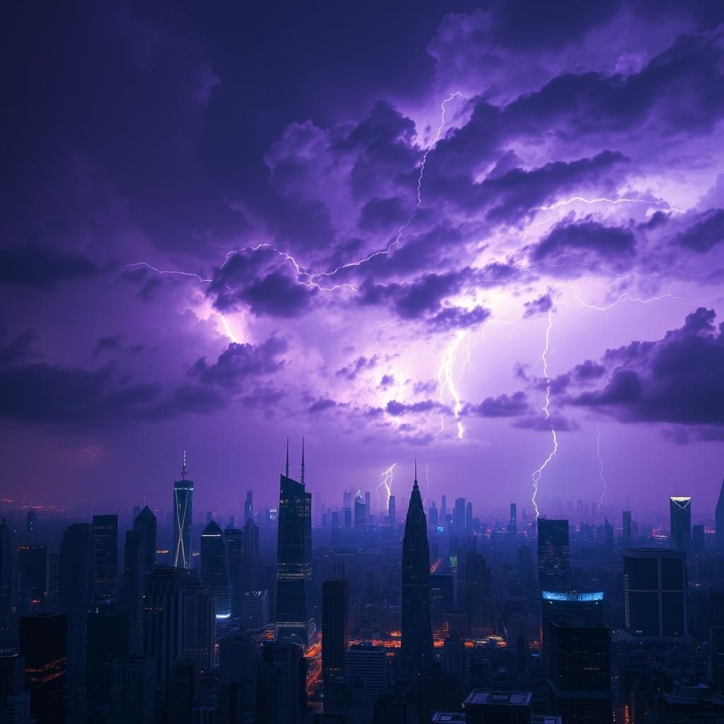 Purple Thunderstorm Over Futuristic Metropolis in Digital Pa...