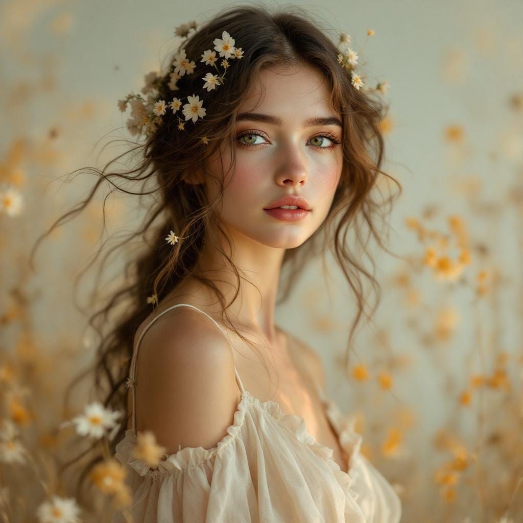 Impressionistic Portrait of Woman with Wildflowers