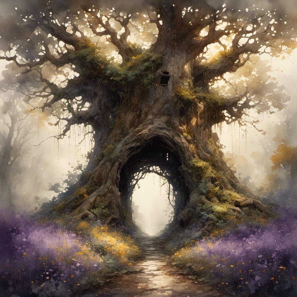 Fairyland Glimpse Through Ancient Oak in Grayscale